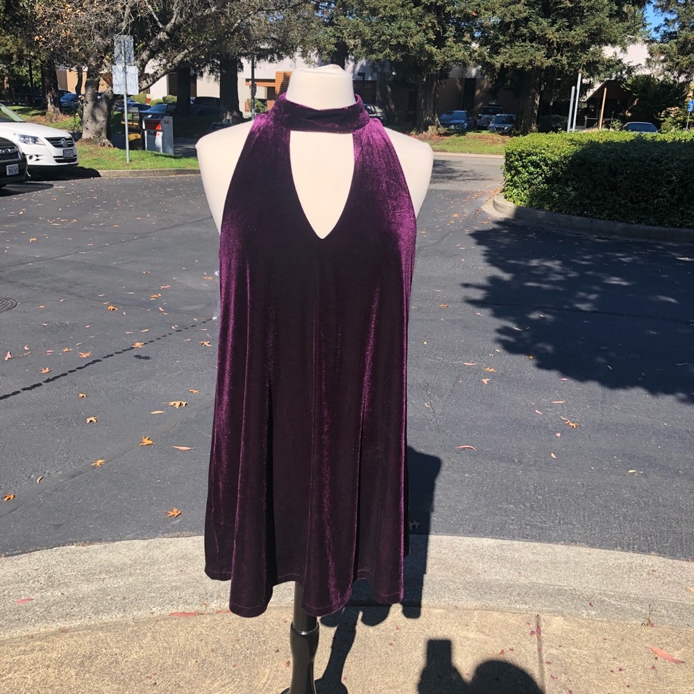 Sleeveless purple velvet mini dress